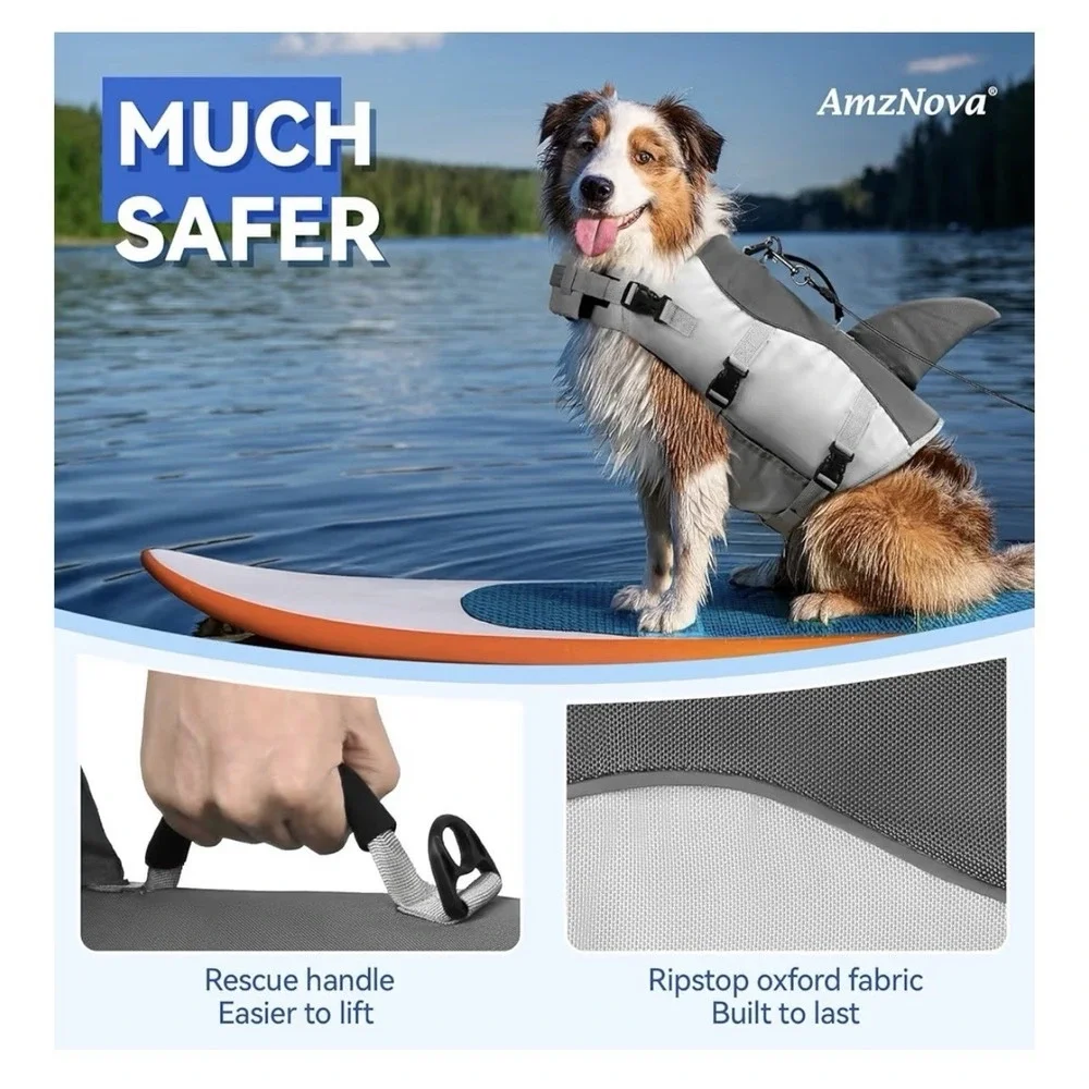 Dog Life Jacket Cute Shark Fin Swimming Vest Rip Stop -Puppy, Dogs -Grey  XS